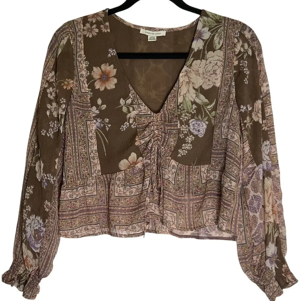 American Eagle Outfitters Peplum Blouse Women's Size Small Brown Floral Cropped - Picture 3 of 9